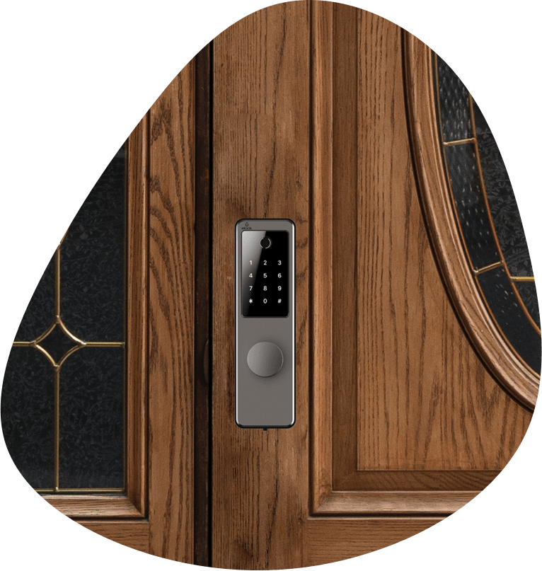 Smart lock with keypad installed on a decorative wooden door